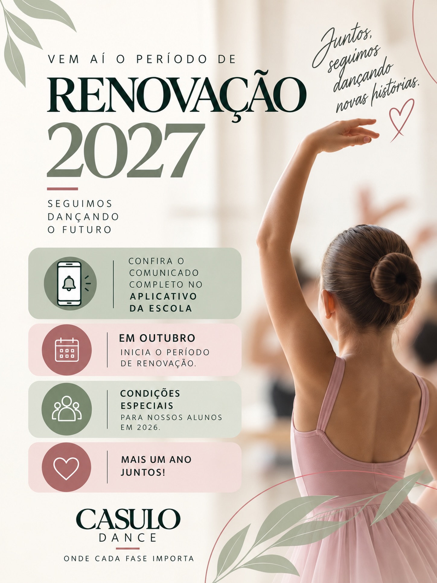 Comunicado Renovação 2027: em outubro inicia o período de renovação, com condições especiais para alunos de 2026; detalhes no aplicativo da escola